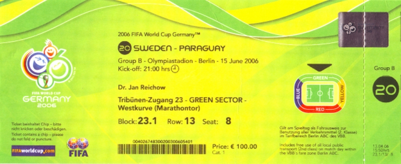 FIFA-Ticket JR für das WM-Vorrundenspiel Schweden-Paraguay, Berliner Olympiastadion 15. Juni 2006 (201K)